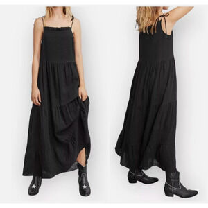 Anine Bing XS Agnes Tiered Midi Dress $350 Tie Shoulders 100% Cotton Black Maxi